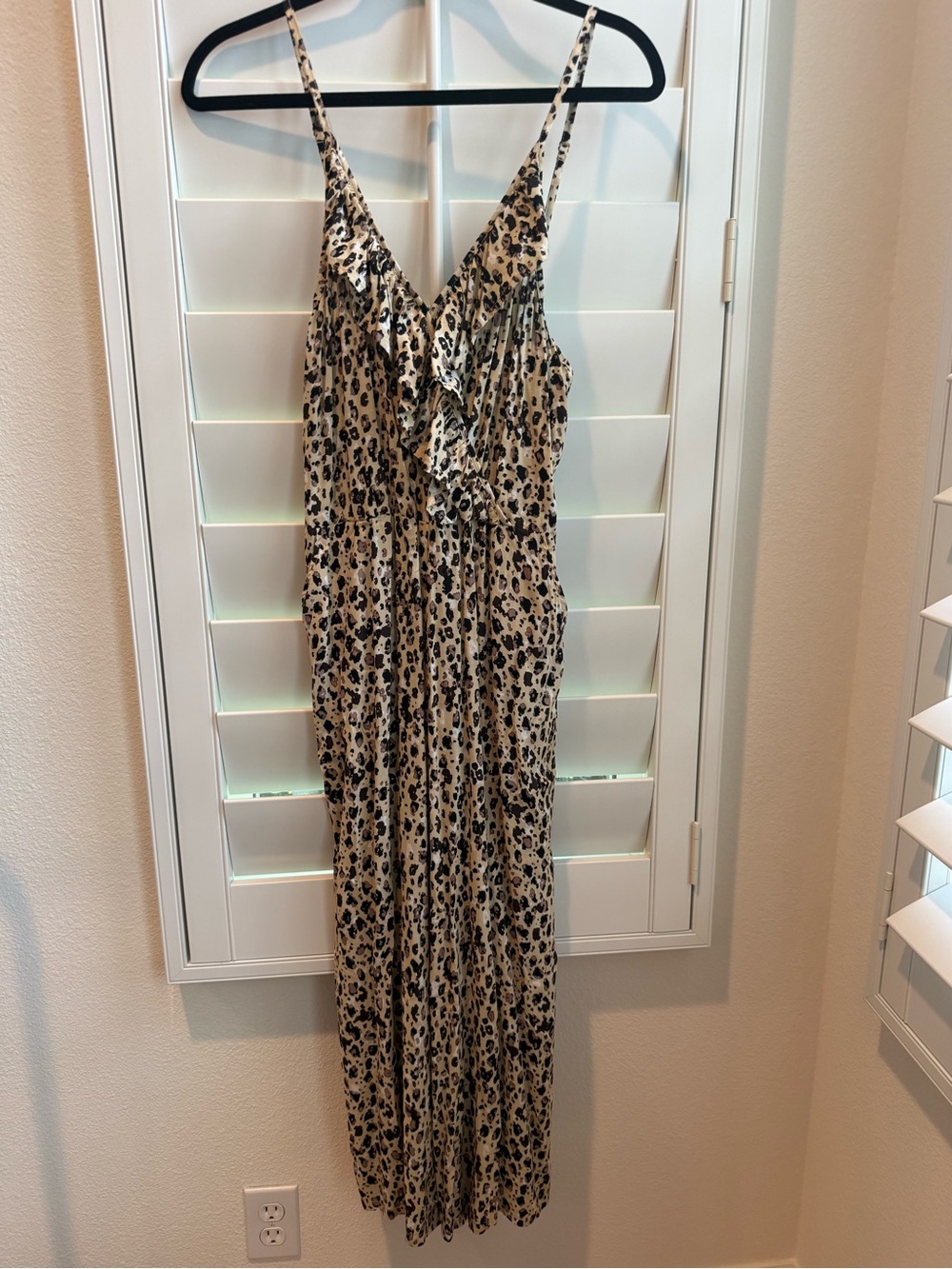 Kivari Beige and Black Leopard Print Ruffle-Trim Jumpsuit